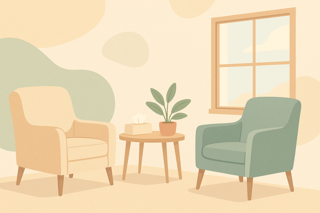 Starting Therapy: What to expect featured image. Image depicts a light yellow room with complimentary colored splotches on the walls. A window looks out onto a blue sky with a single, fluffy cloud floating in it. There's two chairs, one tan, one green. There's a table between them with a plant and a tissue box on it.